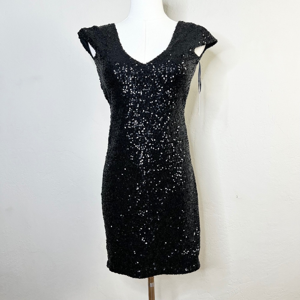 Lovers + Friends Black Sequin Mini Dress Open Back Cap Sleeve XS New